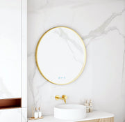 Maia 600/750/900mm LED Round Mirror – Brushed Gold Frame mercioaustralia