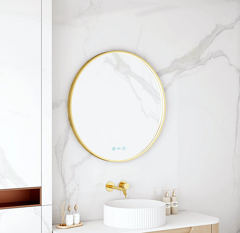 Maia 600/750/900mm LED Round Mirror – Brushed Gold Frame mercioaustralia