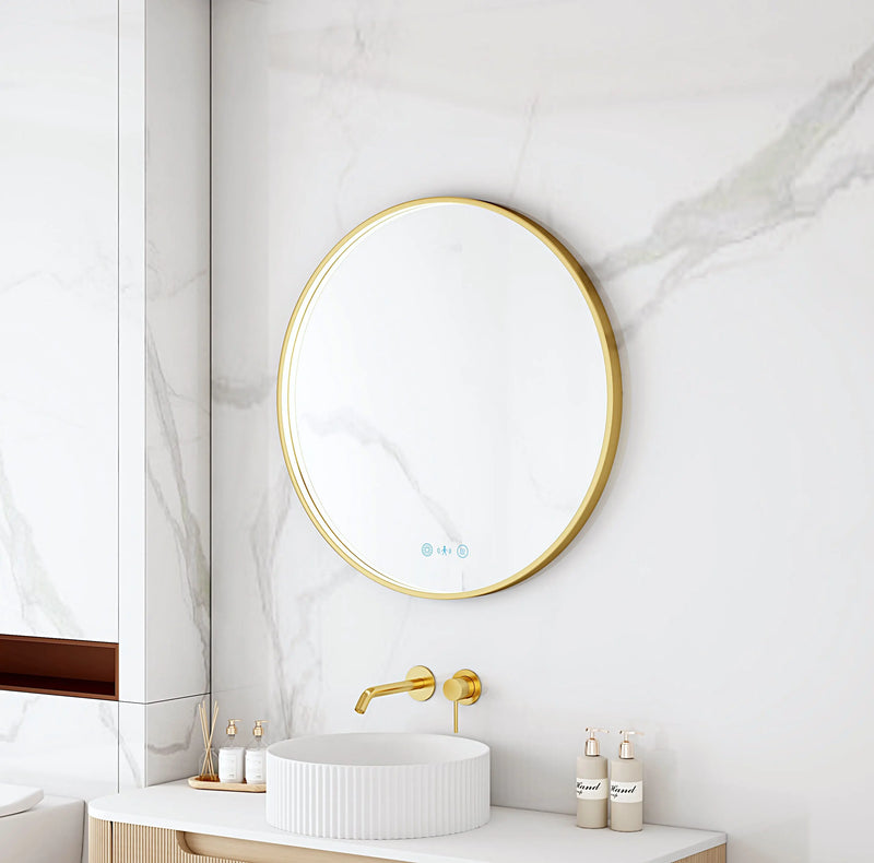 Maia 600/750/900mm LED Round Mirror – Brushed Gold Frame mercioaustralia