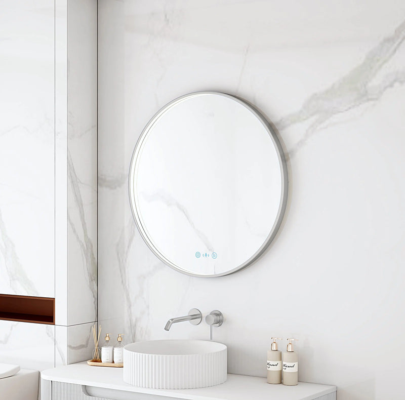 Maia 600/750/900mm LED Round Mirror – Brushed Nickel Frame mercioaustralia
