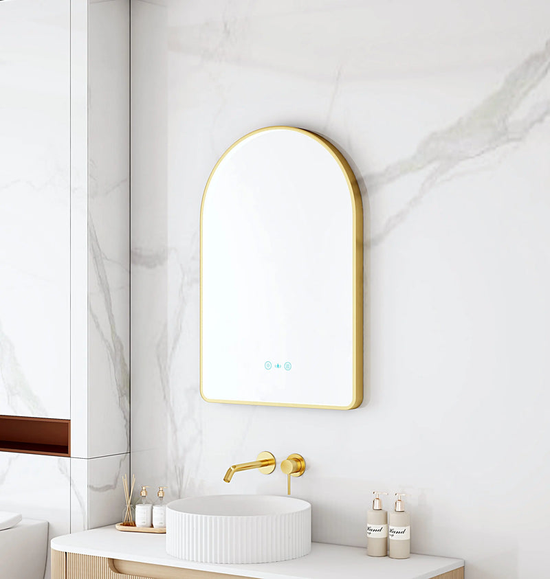 Maia 600×900mm LED Arch Mirror– Brushed Gold Frame mercioaustralia
