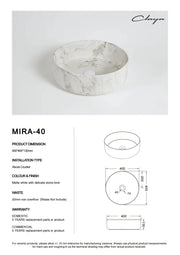 Claya Mira 40 Round Above-Counter Basin – Matte White Carrara Marble Stone Look Claya