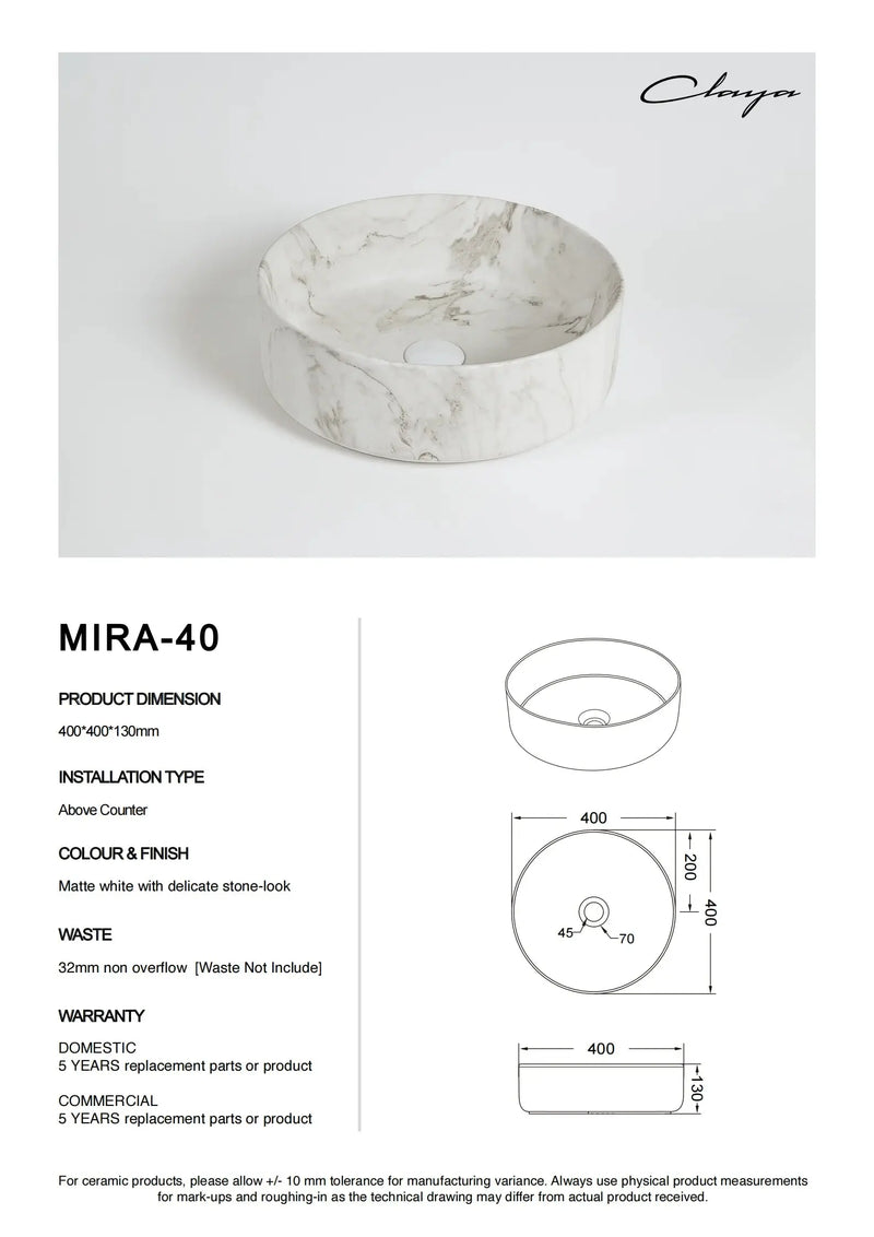 Claya Mira 40 Round Above-Counter Basin – Matte White Carrara Marble Stone Look Claya