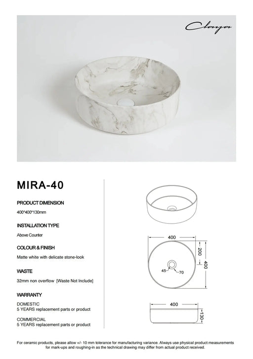 Claya Mira 40 Round Above-Counter Basin – Matte White Carrara Marble Stone Look Claya