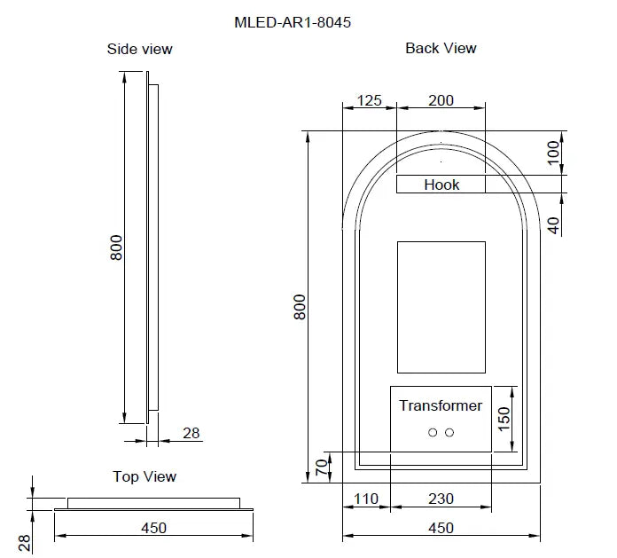 RIVA AR1 FRAMELESS BACKLIT ARCH LED MIRROR 3 COLOUR LIGHTS 450X800MM - FIL Kitchen Bathroom