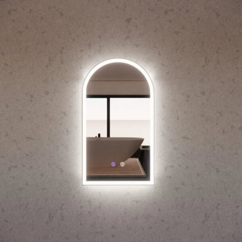 RIVA AR2 FRAMED ARCH LED MIRROR 3 COLOUR LIGHTS BRUSHED NICKEL 450X800MM - FIL Kitchen Bathroom