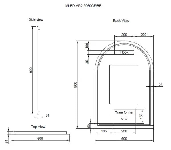 RIVA AR2 FRAMED ARCH LED MIRROR 3 COLOUR LIGHTS BRUSHED NICKEL 600X900MM - FIL Kitchen Bathroom