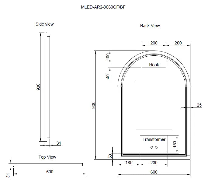 RIVA AR2 FRAMED ARCH LED MIRROR 3 COLOUR LIGHTS GOLD 600X900MM - FIL Kitchen Bathroom