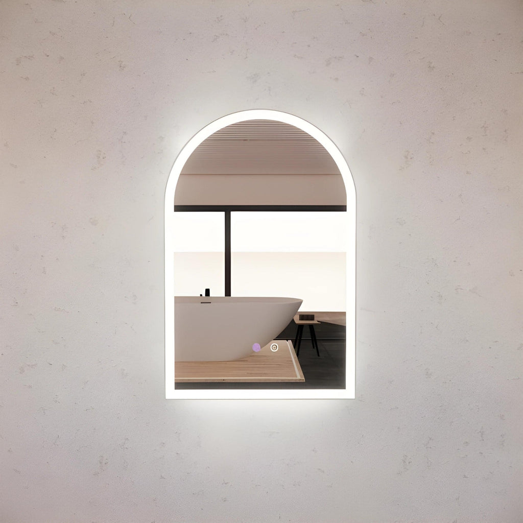RIVA AR2 FRAMED ARCH LED MIRROR 3 COLOUR LIGHTS BRUSHED NICKEL 600X900MM