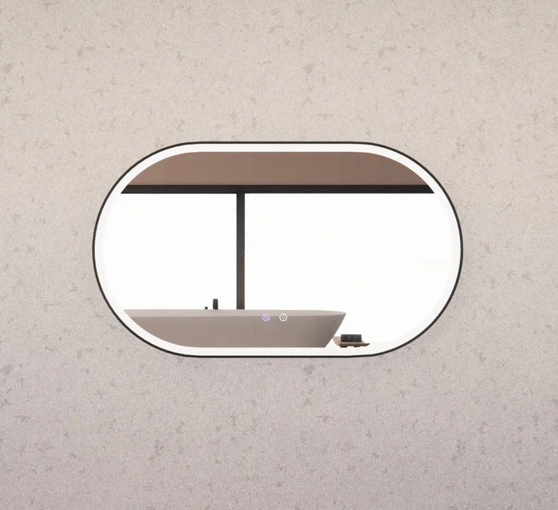 RIVA O1 FRAMED OVAL LED MIRROR 3 COLOUR LIGHTS BLACK 1200X700MM - FIL Kitchen Bathroom