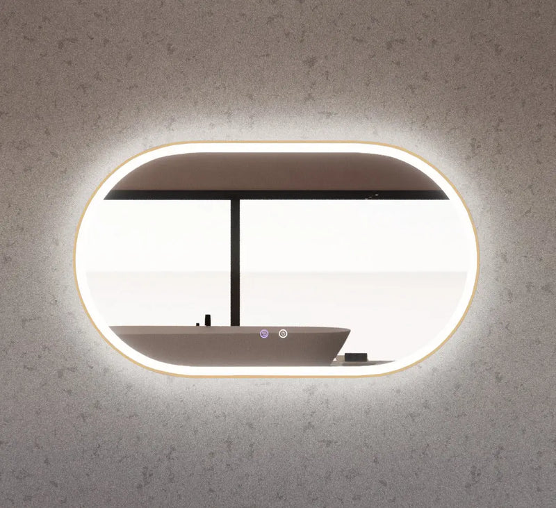 RIVA O1 FRAMED OVAL LED MIRROR 3 COLOUR LIGHTS GOLD 1200X700MM - FIL Kitchen Bathroom