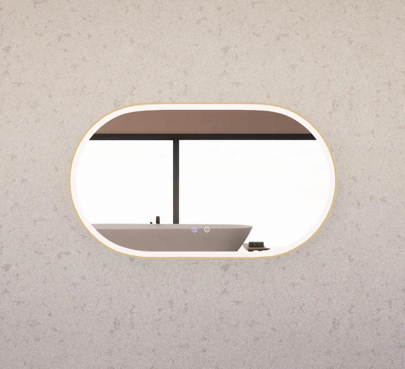 RIVA O1 FRAMED OVAL LED MIRROR 3 COLOUR LIGHTS GOLD 1200X700MM - FIL Kitchen Bathroom