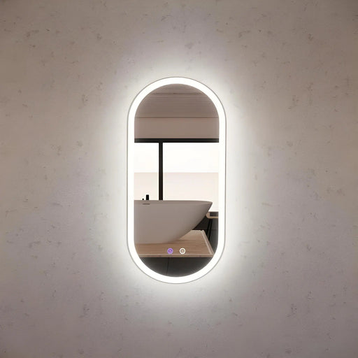 RIVA O1 FRAMED OVAL LED MIRROR 3 COLOUR LIGHTS BRUSHED NICKEL 450X900MM - FIL Kitchen Bathroom