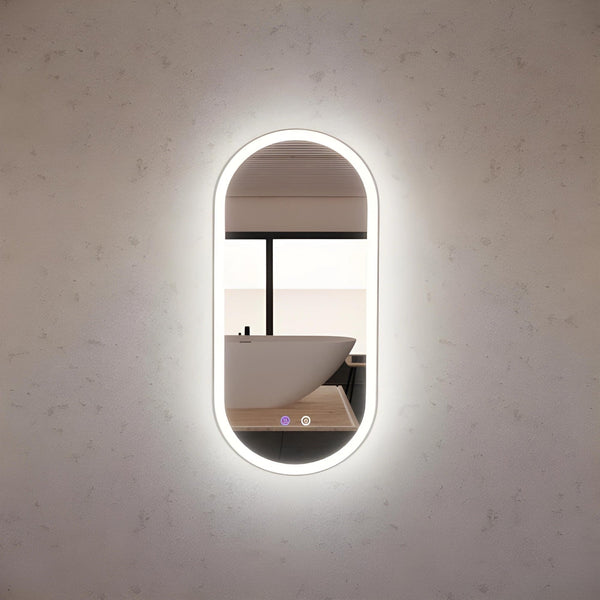 RIVA O1 FRAMED OVAL LED MIRROR 3 COLOUR LIGHTS BRUSHED NICKEL 450X900MM