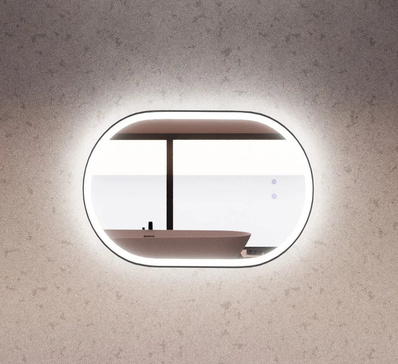 RIVA O1 FRAMED OVAL LED MIRROR 3 COLOUR LIGHTS BLACK 600X900MM - FIL Kitchen Bathroom