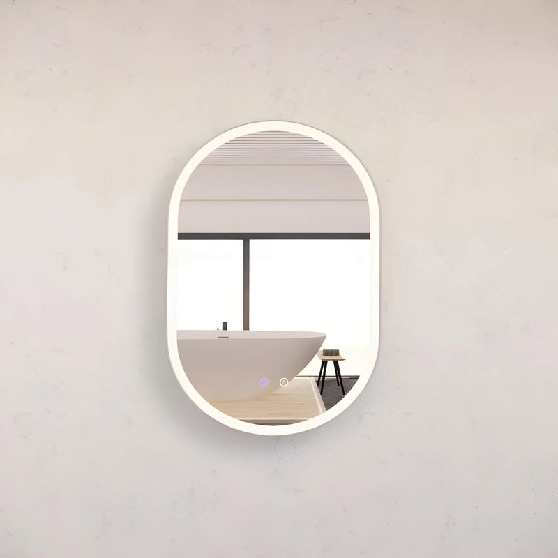 RIVA O1 FRAMED OVAL LED MIRROR 3 COLOUR LIGHTS BRUSHED NICKEL 600X900MM - FIL Kitchen Bathroom