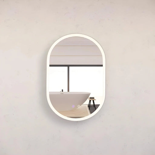 RIVA O1 FRAMED OVAL LED MIRROR 3 COLOUR LIGHTS BRUSHED NICKEL 600X900MM - FIL Kitchen Bathroom