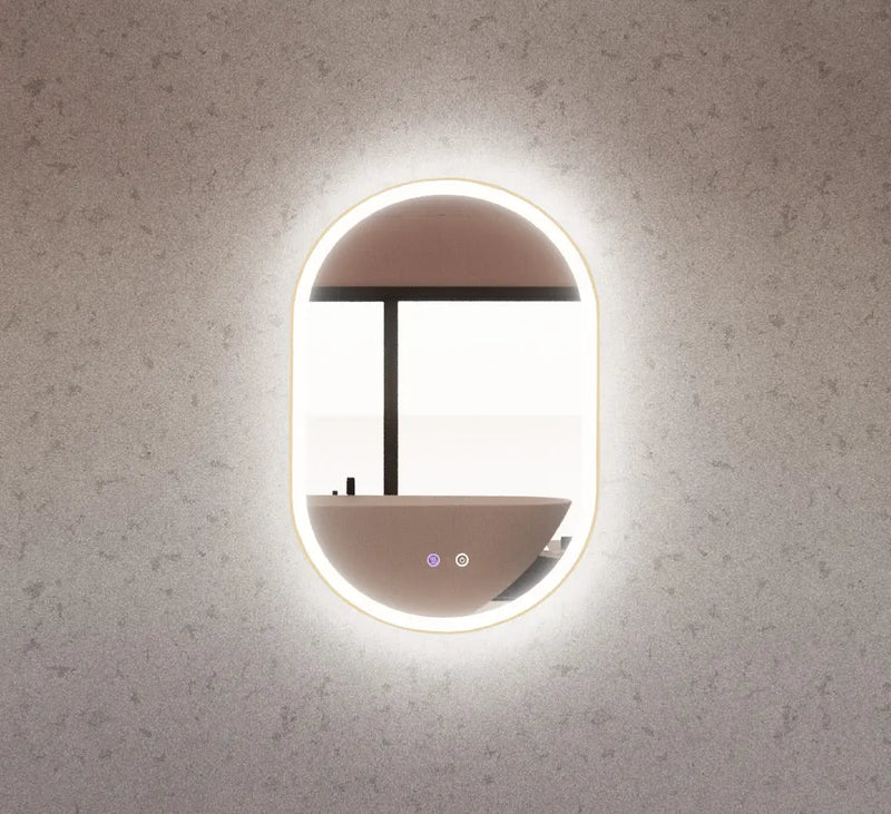 RIVA O1 FRAMED OVAL LED MIRROR 3 COLOUR LIGHTS GOLD 600X900MM - FIL Kitchen Bathroom