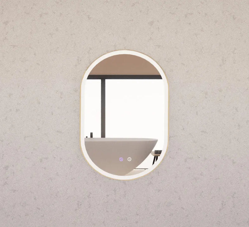 RIVA O1 FRAMED OVAL LED MIRROR 3 COLOUR LIGHTS GOLD 600X900MM - FIL Kitchen Bathroom