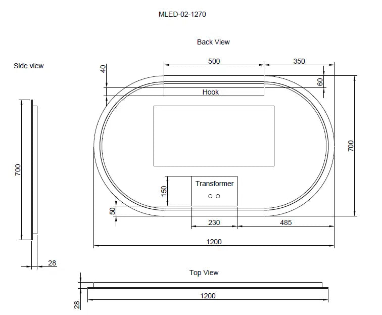RIVA O2 FRAMELESS BACKLIT OVAL LED MIRROR 3 COLOUR LIGHTS 1200X700MM - FIL Kitchen Bathroom