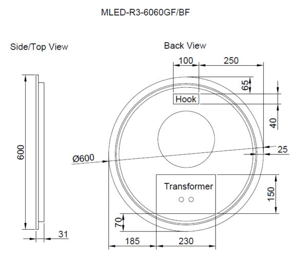 RIVA R3 FRAMED ROUND LED MIRROR 3 COLOUR LIGHTS WITH DIMMER BRUSHED NICKEL 600X600MM