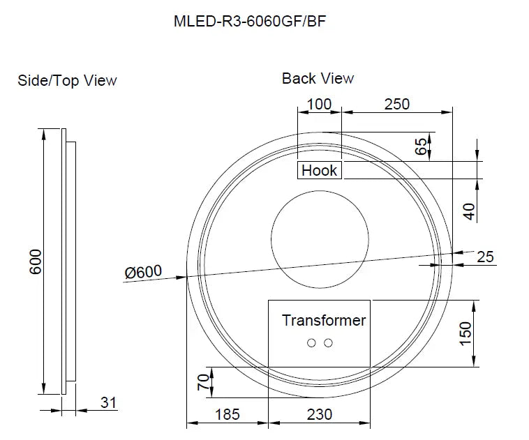 RIVA R3 FRAMED ROUND LED MIRROR 3 COLOUR LIGHTS BLACK 600X600MM - FIL Kitchen Bathroom