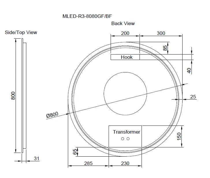 RIVA R3 FRAMED ROUND LED MIRROR 3 COLOUR LIGHTS BLACK 800X800MM - FIL Kitchen Bathroom