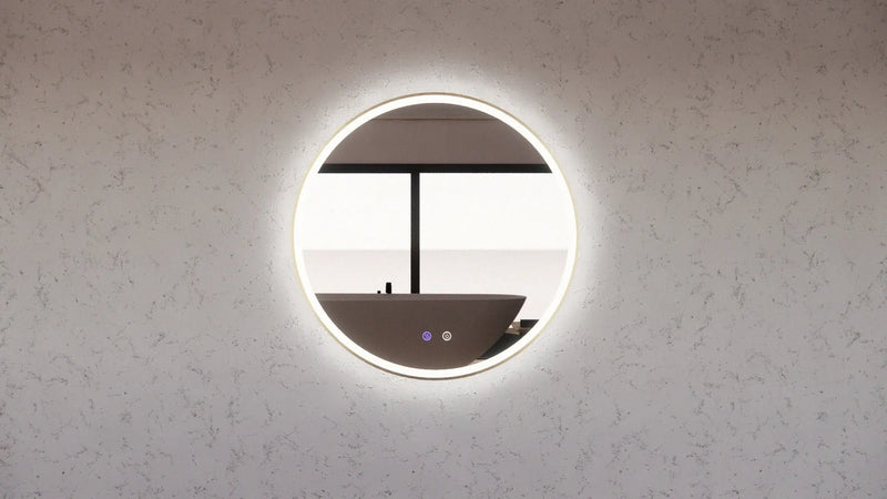 RIVA R3 FRAMED ROUND LED MIRROR 3 COLOUR LIGHTS GOLD 600X600MM - FIL Kitchen Bathroom