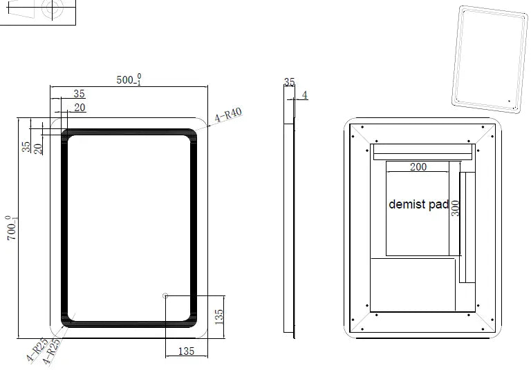 RIVA S2 FRAMELESS FRONTLIT RECTANGLE LED MIRROR 3 COLOUR LIGHTS 500X700MM - FIL Kitchen Bathroom
