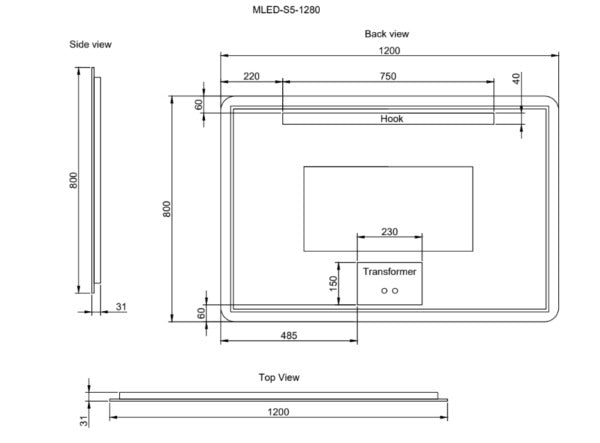 RIVA S5 FRAMELESS RECTANGLE LED MIRROR 3 COLOUR LIGHTS BACKLIT WITH DEFOGGING FUNCTION 1200X800MM