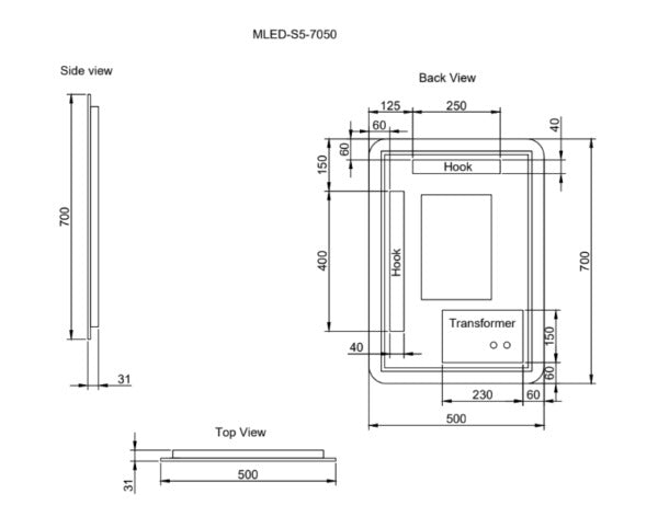 RIVA S5 FRAMELESS RECTANGLE LED MIRROR 3 COLOUR LIGHTS BACKLIT WITH DEFOGGING FUNCTION 500X700MM
