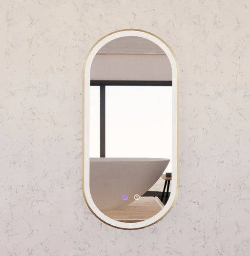 RIVA O1 FRAMED OVAL LED MIRROR 3 COLOUR LIGHTS GOLD 450X900MM - FIL Kitchen Bathroom