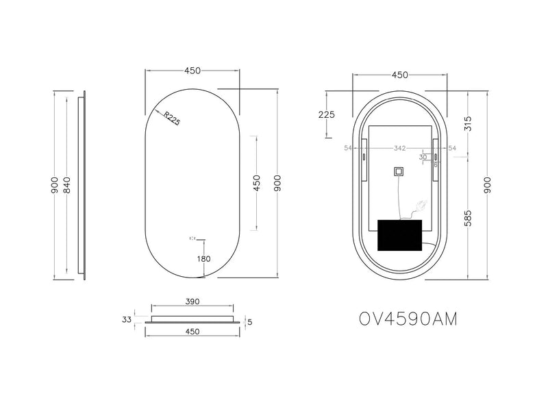 POSEIDON OVAL BACKLIT LED MIRROR 3 COLOUR LIGHTS 450X900MM - FIL Kitchen Bathroom