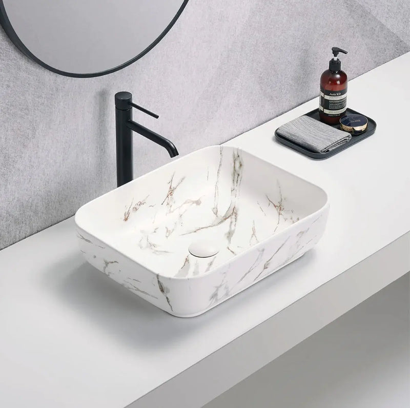 ABOVE COUNTER BASIN MATTE WHITE CARRARA WITH GOLD VEIN 500MM POSEIDON