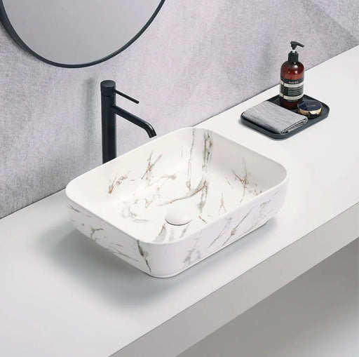 ABOVE COUNTER BASIN MATTE WHITE CARRARA WITH GOLD VEIN 500MM POSEIDON
