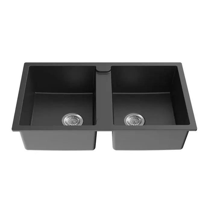 KITCHEN SINK QUARTZ DOUBLE BOWL MATTE BLACK 860mm POSEIDON
