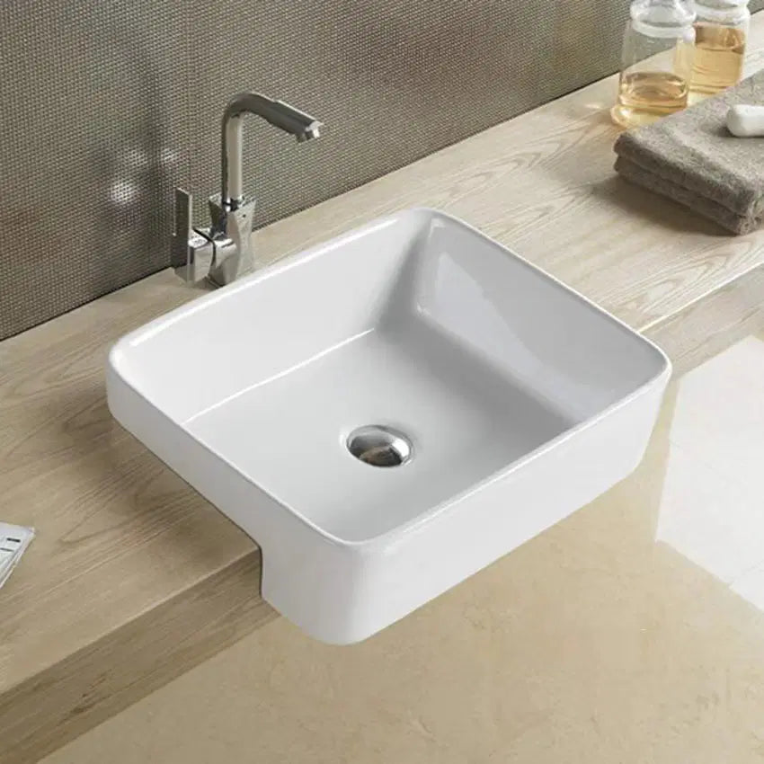 Semi Recess Ceramic Basin Gloss White Rectangle 480*370*130mm No Tap Hole