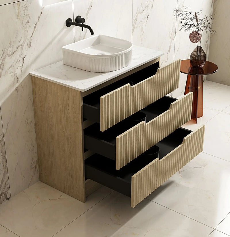 Fluted Rhea 900mm Freestanding Cabinet - Natural Oak mercioaustralia