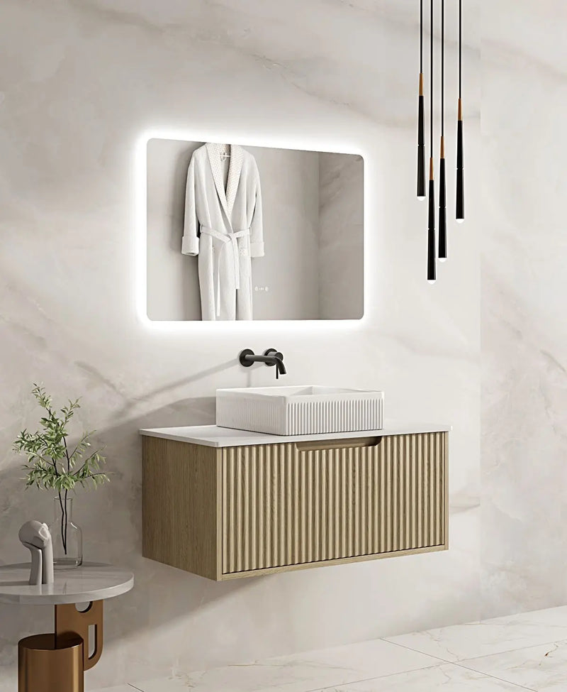 Fluted Rhea 900mm Wall-Hung Cabinet - Natural Oak mercioaustralia