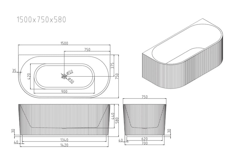 Rose Fluted Back-to-Wall Bathtub - Matt White mercioaustralia