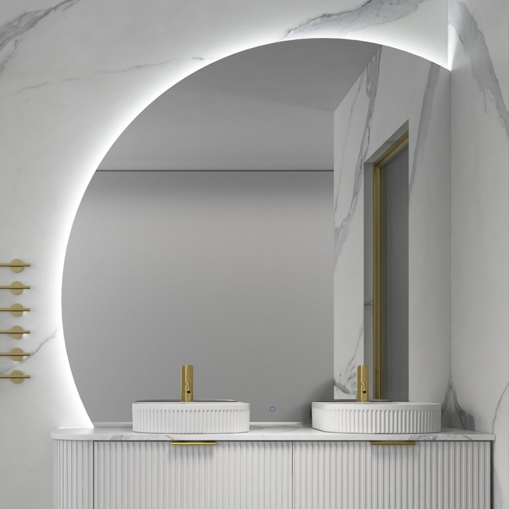 ROMAN FRAMELESS ARCH RIGHT CORNER LED MIRROR TRIO COLOUR 1500X1500MM