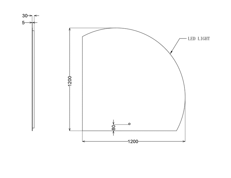 ROMAN FRAMELESS ARCH LEFT CORNER LED MIRROR TRIO COLOUR 1200X1200MM - FIL Kitchen Bathroom