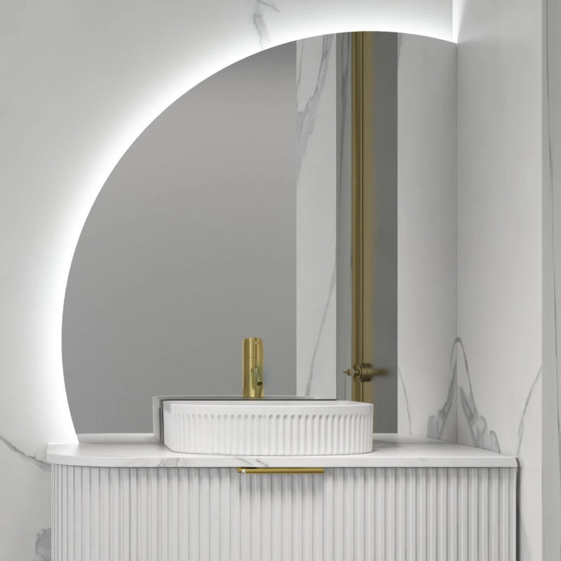 INFINITY ROMAN FRAMELESS ARCH RIGHT CORNER LED MIRROR TRIO COLOUR 900X900MM - FIL Kitchen Bathroom