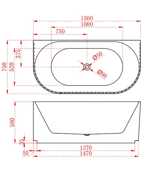 Roma fluted Back to wall bathtub (1500/1700mm)