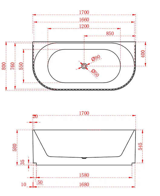 Roma fluted Back to wall bathtub (1500/1700mm)