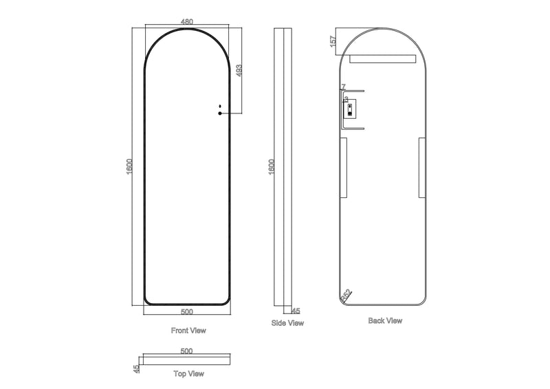 Saga 500×1600mm Freestanding LED Arch Mirror - Matt Black