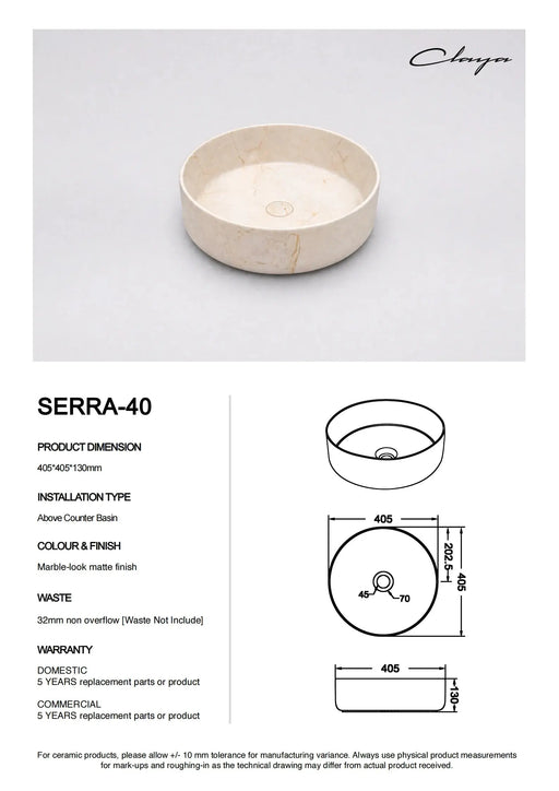 Claya Serra-40 Above Counter Ceramic Basin Matte Stone Marble look Claya