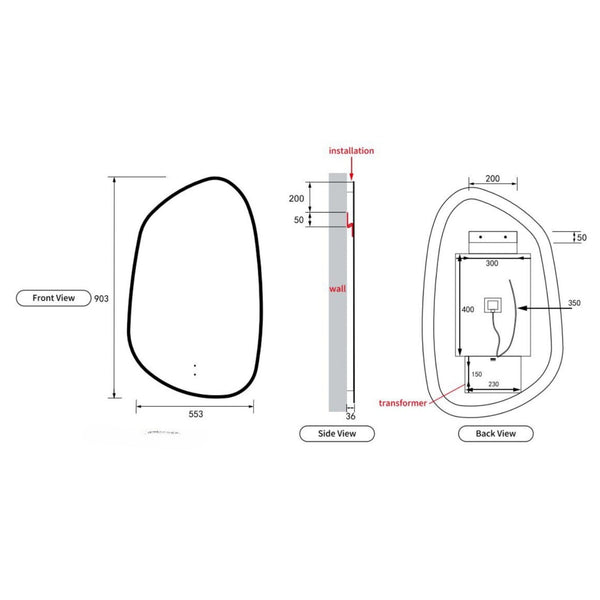 AULIC TARCOOLA ASYMMETRICAL FRAMED LED MIRROR 3 COLOUR LIGHTS BRUSHED NICKEL 550X900MM