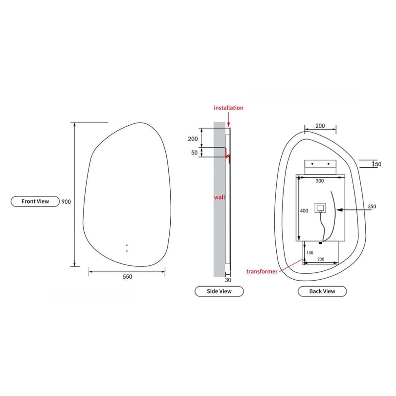AULIC TARCOOLA ASYMMETRICAL FRAMELESS LED MIRROR 3 COLOUR LIGHTS 550X900MM - FIL Kitchen Bathroom