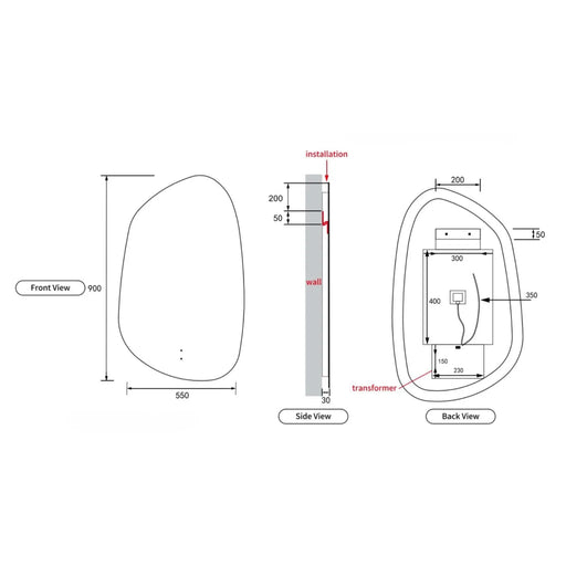 AULIC TARCOOLA ASYMMETRICAL FRAMELESS LED MIRROR 3 COLOUR LIGHTS 550X900MM - FIL Kitchen Bathroom